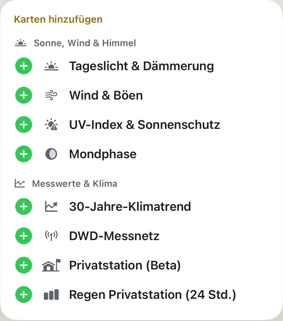 Liste „Karten hinzufügen“ mit Tageslicht, Wind, UV-Index, Mondphase und mehr