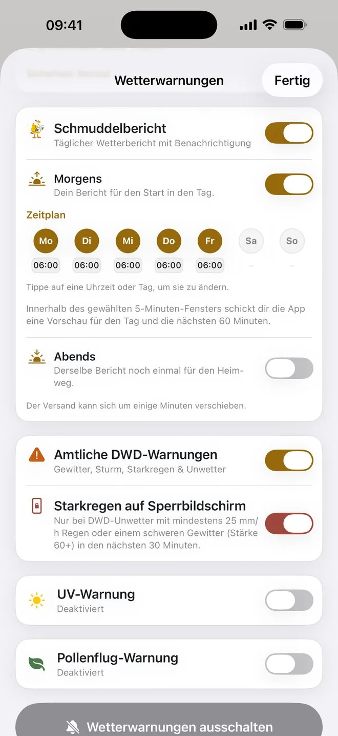 Einstellungen für Schmuddelbericht und Wetterwarnungen