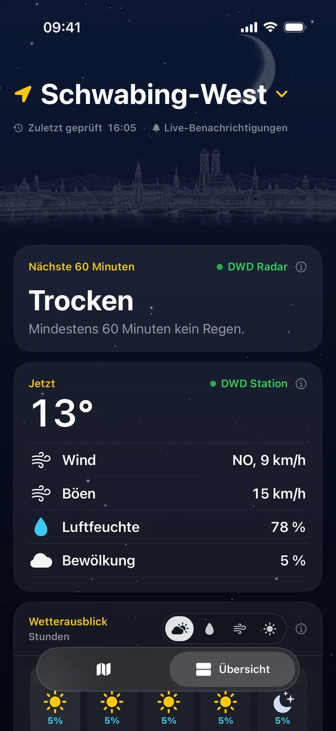 Die App im dunklen Look am Abend: „Trocken“, 13 Grad