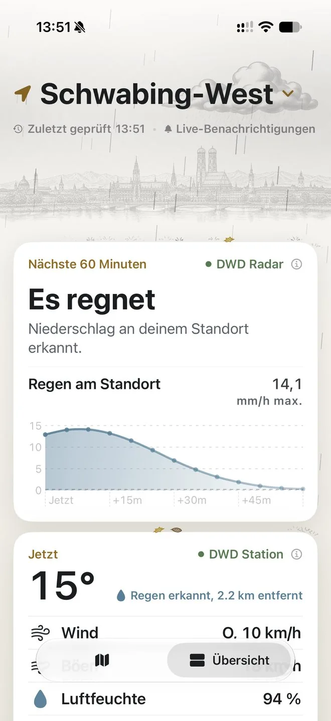 Schmuddelwetter auf dem iPhone: „Es regnet“ mit Regenkurve für die nächste Stunde