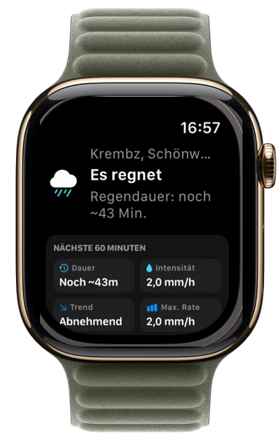 Apple Watch: „Es regnet“, Regendauer noch etwa 43 Minuten